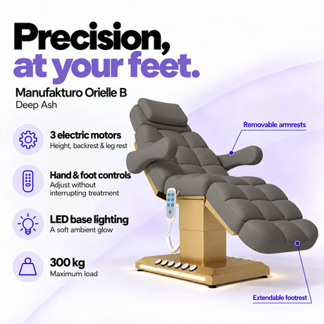 Manufakturo Orielle B Deep Ash electric beauty bed features: 3 motors, hand and foot controls, LED base lighting, 300 kg maximum load, removable armrests and extendable footrest.