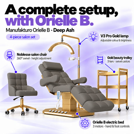 Manufakturo Orielle B Deep Ash four-piece salon set features: electric bed with three motors and hand and foot controls, height-adjustable Noblesse swivel chair, V3 Pro Gold lamp and three-tier gold trolley.