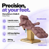 Manufakturo Orielle B Dusty Rose electric beauty bed features: 3 motors, hand and foot controls, LED base lighting, 300 kg maximum load, removable armrests and extendable footrest.