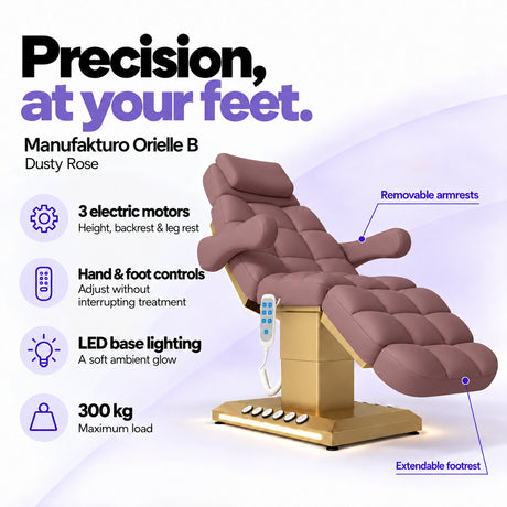 Manufakturo Orielle B Dusty Rose electric beauty bed features: 3 motors, hand and foot controls, LED base lighting, 300 kg maximum load, removable armrests and extendable footrest.