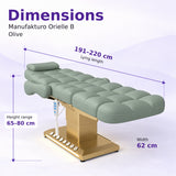 Manufakturo Orielle B Olive electric beauty bed dimensions: 191–220 cm lying length, 62 cm width and adjustable height from 65 to 80 cm.
