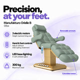 Manufakturo Orielle B Olive electric beauty bed features: 3 motors, hand and foot controls, LED base lighting, 300 kg maximum load, removable armrests and extendable footrest.