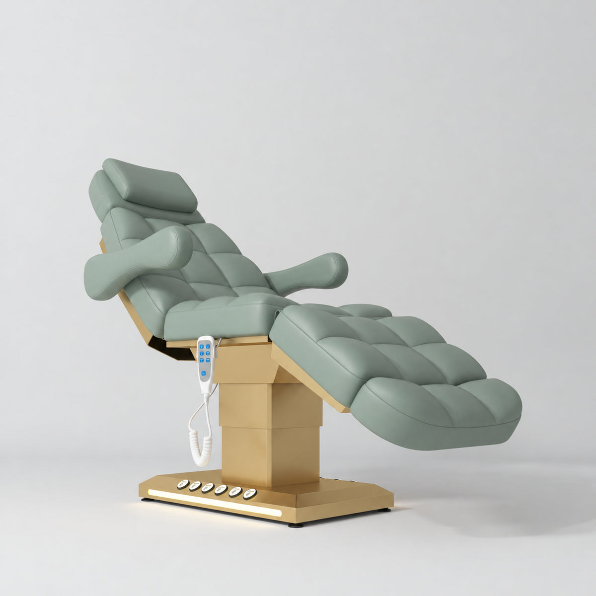 Manufakturo Orielle B Olive electric beauty bed with gold base and current hand-held controller.