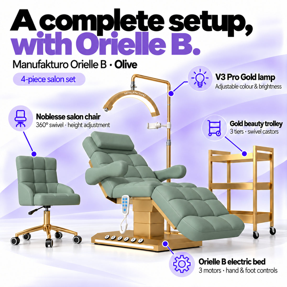 Manufakturo Orielle B Olive four-piece salon set features: electric bed with three motors and hand and foot controls, height-adjustable Noblesse swivel chair, V3 Pro Gold lamp and three-tier gold trolley.