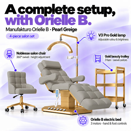 Manufakturo Orielle B Pearl Greige four-piece salon set features: electric bed with three motors and hand and foot controls, height-adjustable Noblesse swivel chair, V3 Pro Gold lamp and three-tier gold trolley.