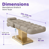 Manufakturo Orielle B Stone Taupe electric beauty bed dimensions: 191–220 cm lying length, 62 cm width and adjustable height from 65 to 80 cm.