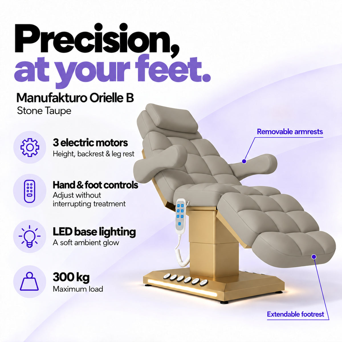 Manufakturo Orielle B Stone Taupe electric beauty bed features: 3 motors, hand and foot controls, LED base lighting, 300 kg maximum load, removable armrests and extendable footrest.