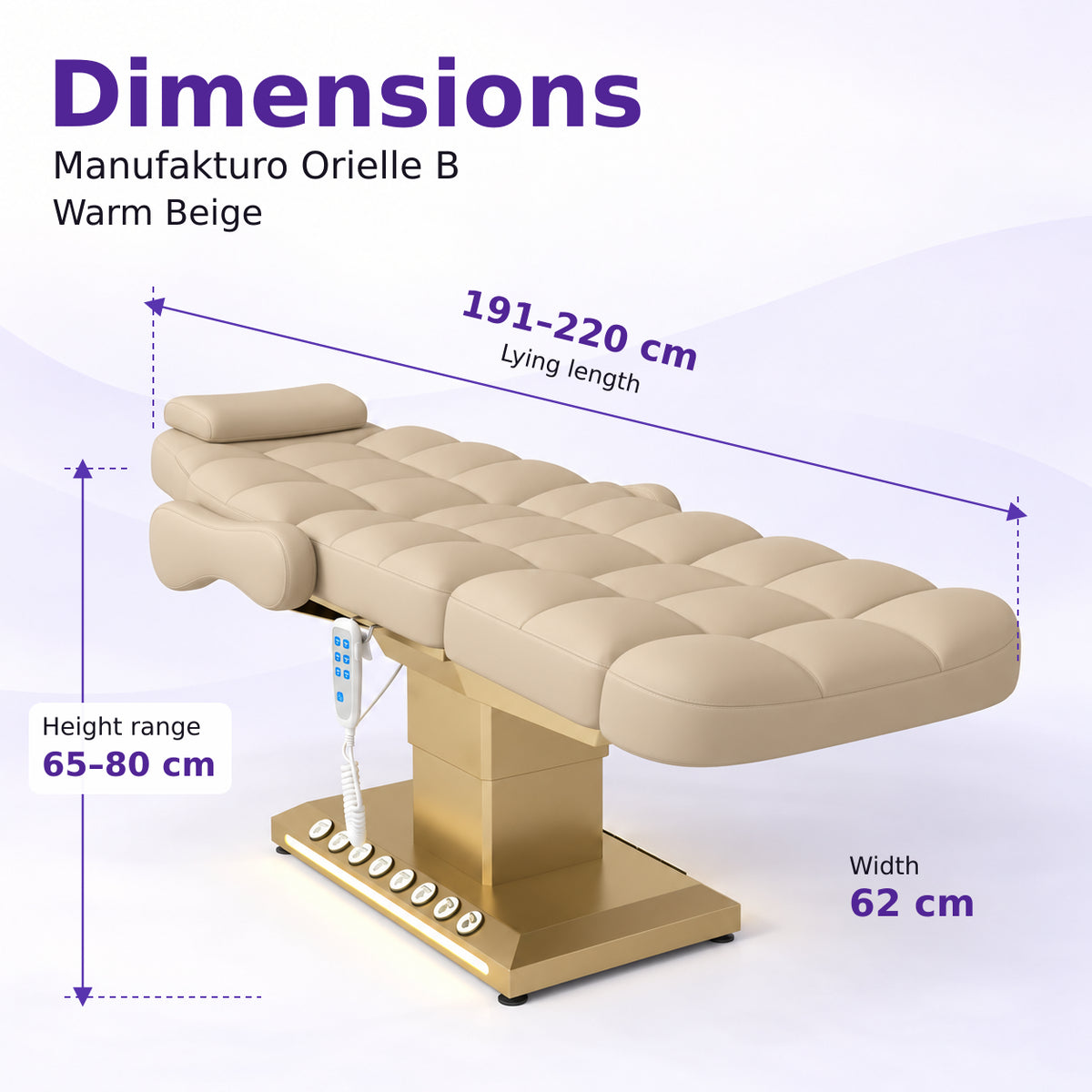 Manufakturo Orielle B Warm Beige electric beauty bed dimensions: 191–220 cm lying length, 62 cm width and adjustable height from 65 to 80 cm.