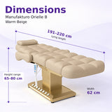 Manufakturo Orielle B Warm Beige electric beauty bed dimensions: 191–220 cm lying length, 62 cm width and adjustable height from 65 to 80 cm.