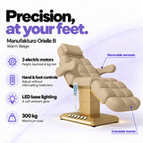 Manufakturo Orielle B Warm Beige electric beauty bed features: 3 motors, hand and foot controls, LED base lighting, 300 kg maximum load, removable armrests and extendable footrest.