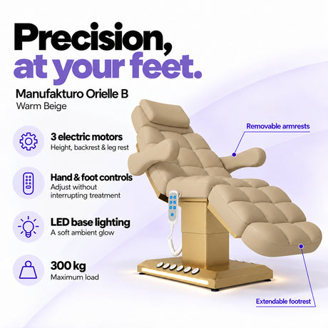 Manufakturo Orielle B Warm Beige electric beauty bed features: 3 motors, hand and foot controls, LED base lighting, 300 kg maximum load, removable armrests and extendable footrest.