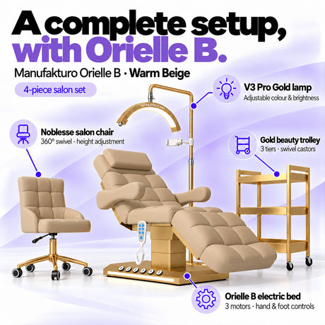 Manufakturo Orielle B Warm Beige four-piece salon set features: electric bed with three motors and hand and foot controls, height-adjustable Noblesse swivel chair, V3 Pro Gold lamp and three-tier gold trolley.