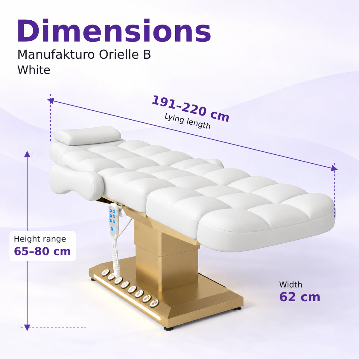 Manufakturo Orielle B White electric beauty bed dimensions: 191–220 cm lying length, 62 cm width and adjustable height from 65 to 80 cm.
