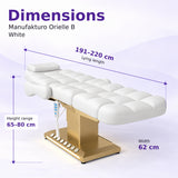 Manufakturo Orielle B White electric beauty bed dimensions: 191–220 cm lying length, 62 cm width and adjustable height from 65 to 80 cm.