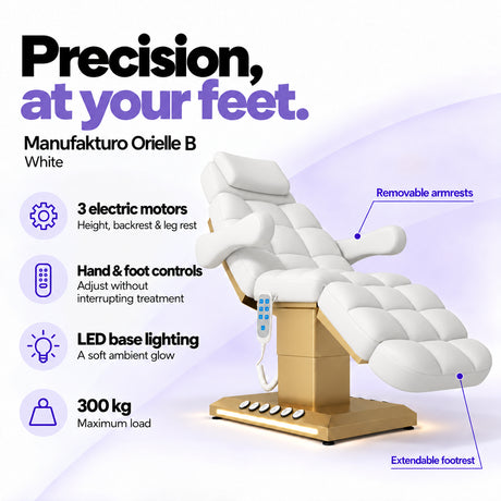 Manufakturo Orielle B White electric beauty bed features: 3 motors, hand and foot controls, LED base lighting, 300 kg maximum load, removable armrests and extendable footrest.