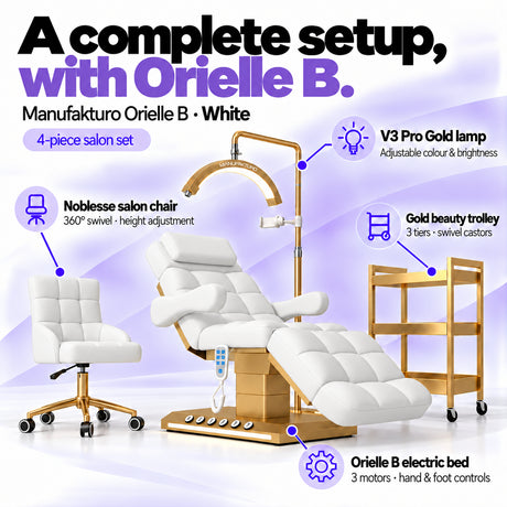Manufakturo Orielle B White four-piece salon set features: electric bed with three motors and hand and foot controls, height-adjustable Noblesse swivel chair, V3 Pro Gold lamp and three-tier gold trolley.