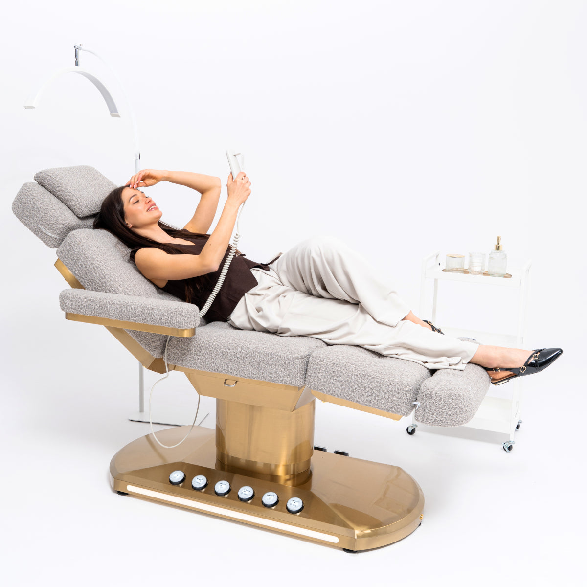 Manufakturo Orielle ver.A Luxury Electric Beauty Bed - Hand & Foot Controls Grey - full product view on a white background