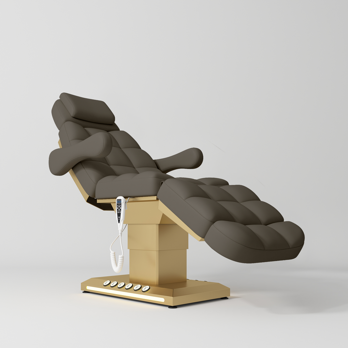 Manufakturo Orielle B Luxury Electric Beauty Bed - Hand & Foot Controls Cocoa Mocha - close-up of the upholstery and construction details
