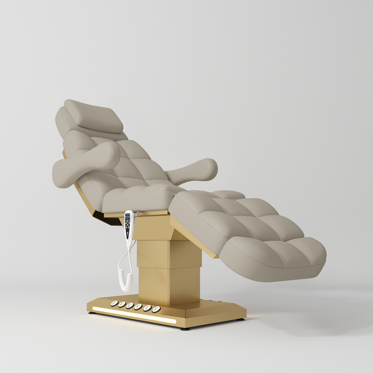 Manufakturo Orielle B Luxury Electric Beauty Bed - Hand & Foot Controls Stone Taupe - close-up of the upholstery and construction details