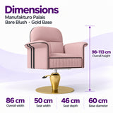 Dimensions of the Manufakturo Palais Bare Blush styling chair: overall height 98–113 cm, overall width 86 cm, seat width 50 cm, seat depth 46 cm and base diameter 60 cm.