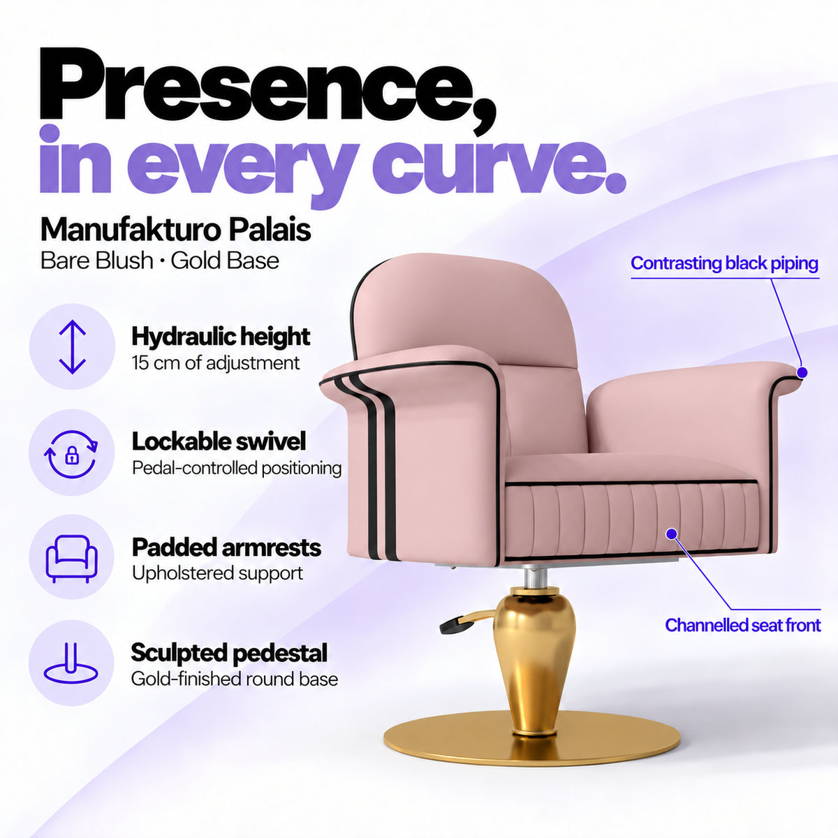 Manufakturo Palais styling chair in Bare Blush with gold base, showing hydraulic height adjustment, lockable swivel, padded armrests and sculpted pedestal.