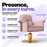 Manufakturo Palais styling chair in Bare Blush with gold base, showing hydraulic height adjustment, lockable swivel, padded armrests and sculpted pedestal.
