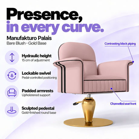 Manufakturo Palais styling chair in Bare Blush with gold base, showing hydraulic height adjustment, lockable swivel, padded armrests and sculpted pedestal.