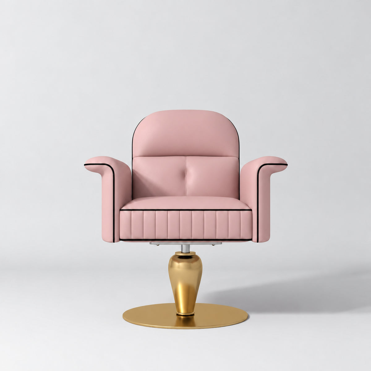 Front view of the Manufakturo Palais styling chair in Bare Blush with black piping and a gold pedestal base, on a grey studio background.