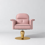 Front view of the Manufakturo Palais styling chair in Bare Blush with black piping and a gold pedestal base, on a grey studio background.