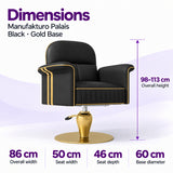 Dimensions of the Manufakturo Palais Black styling chair: overall height 98–113 cm, overall width 86 cm, seat width 50 cm, seat depth 46 cm and base diameter 60 cm.