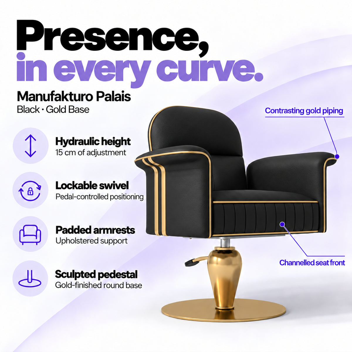 Manufakturo Palais styling chair in Black with gold base, showing hydraulic height adjustment, lockable swivel, padded armrests and sculpted pedestal.