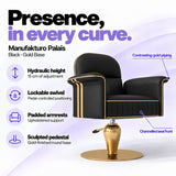 Manufakturo Palais styling chair in Black with gold base, showing hydraulic height adjustment, lockable swivel, padded armrests and sculpted pedestal.
