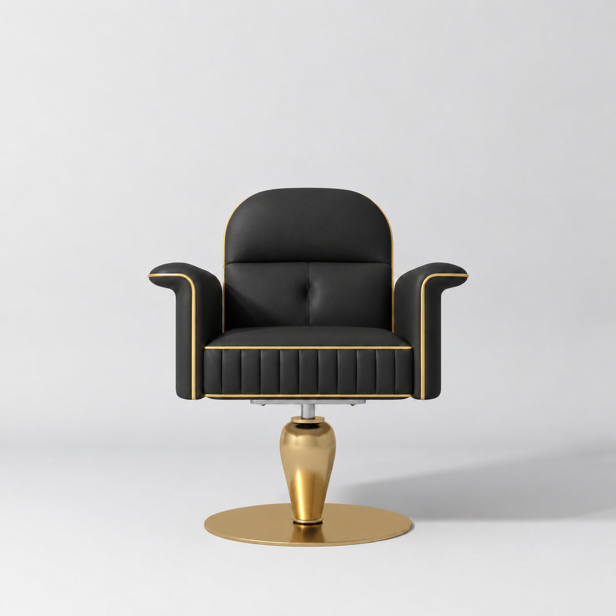 Front view of the Manufakturo Palais styling chair in Black with gold piping and a gold pedestal base, on a grey studio background.