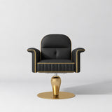 Front view of the Manufakturo Palais styling chair in Black with gold piping and a gold pedestal base, on a grey studio background.