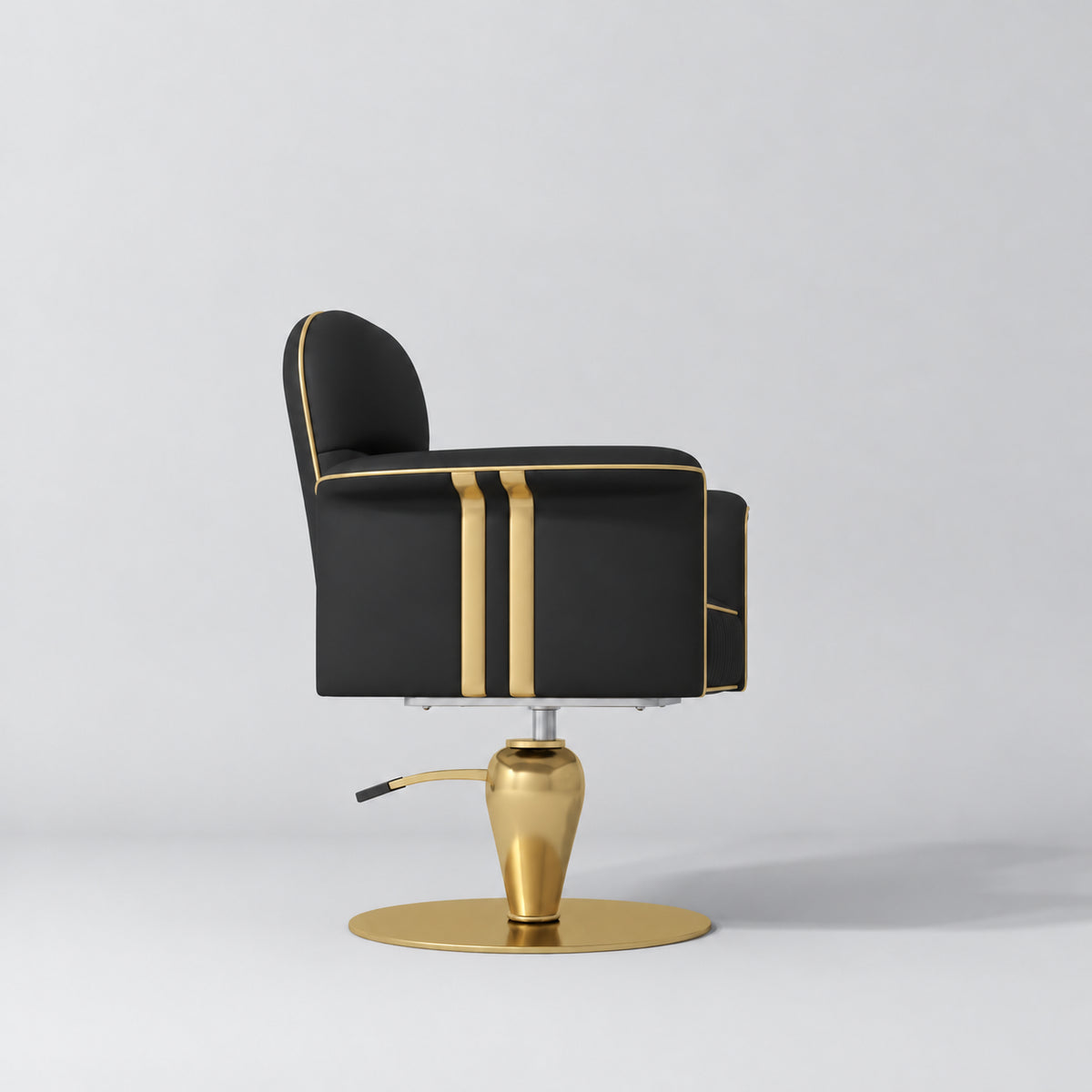 Side view of the Manufakturo Palais styling chair in Black with gold piping and a gold pedestal base, on a grey studio background.