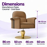 Dimensions of the Manufakturo Palais Caramel styling chair: overall height 98–113 cm, overall width 86 cm, seat width 50 cm, seat depth 46 cm and base diameter 60 cm.