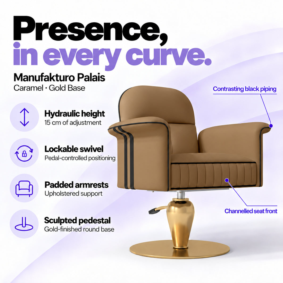 Manufakturo Palais styling chair in Caramel with gold base, showing hydraulic height adjustment, lockable swivel, padded armrests and sculpted pedestal.