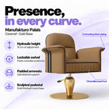 Manufakturo Palais styling chair in Caramel with gold base, showing hydraulic height adjustment, lockable swivel, padded armrests and sculpted pedestal.
