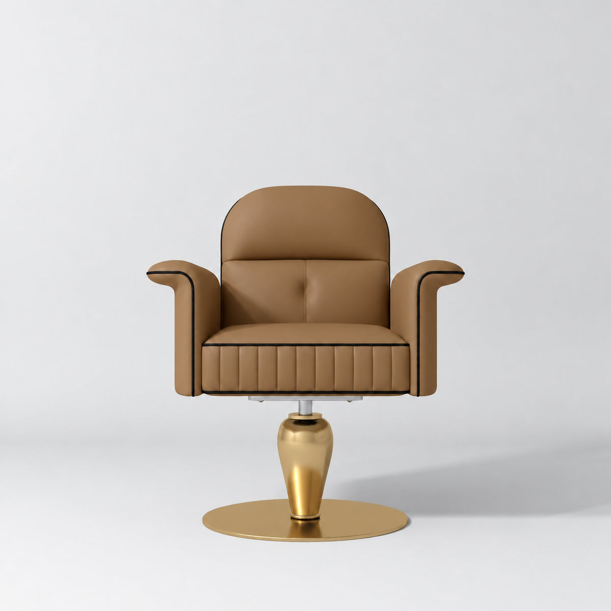 Front view of the Manufakturo Palais styling chair in Caramel with black piping and a gold pedestal base, on a grey studio background.