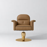 Front view of the Manufakturo Palais styling chair in Caramel with black piping and a gold pedestal base, on a grey studio background.