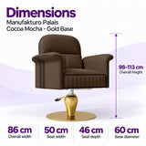 Dimensions of the Manufakturo Palais Cocoa Mocha styling chair: overall height 98–113 cm, overall width 86 cm, seat width 50 cm, seat depth 46 cm and base diameter 60 cm.