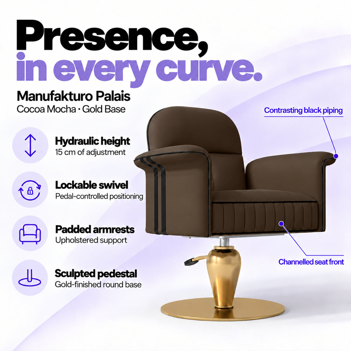 Manufakturo Palais styling chair in Cocoa Mocha with gold base, showing hydraulic height adjustment, lockable swivel, padded armrests and sculpted pedestal.