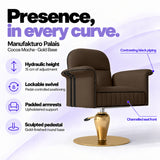 Manufakturo Palais styling chair in Cocoa Mocha with gold base, showing hydraulic height adjustment, lockable swivel, padded armrests and sculpted pedestal.