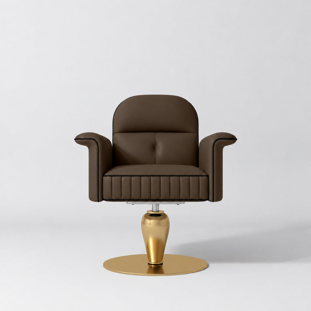 Front view of the Manufakturo Palais styling chair in Cocoa Mocha with black piping and a gold pedestal base, on a grey studio background.