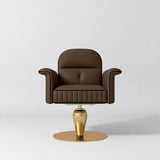 Front view of the Manufakturo Palais styling chair in Cocoa Mocha with black piping and a gold pedestal base, on a grey studio background.