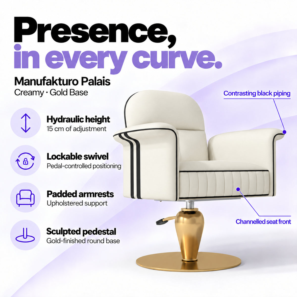 Manufakturo Palais styling chair in Creamy with gold base, showing hydraulic height adjustment, lockable swivel, padded armrests and sculpted pedestal.