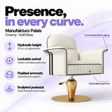 Manufakturo Palais styling chair in Creamy with gold base, showing hydraulic height adjustment, lockable swivel, padded armrests and sculpted pedestal.