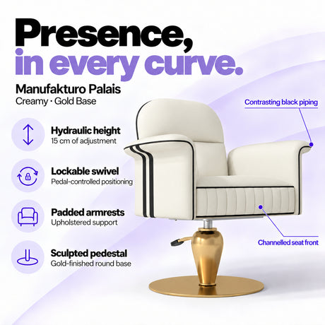 Manufakturo Palais styling chair in Creamy with gold base, showing hydraulic height adjustment, lockable swivel, padded armrests and sculpted pedestal.
