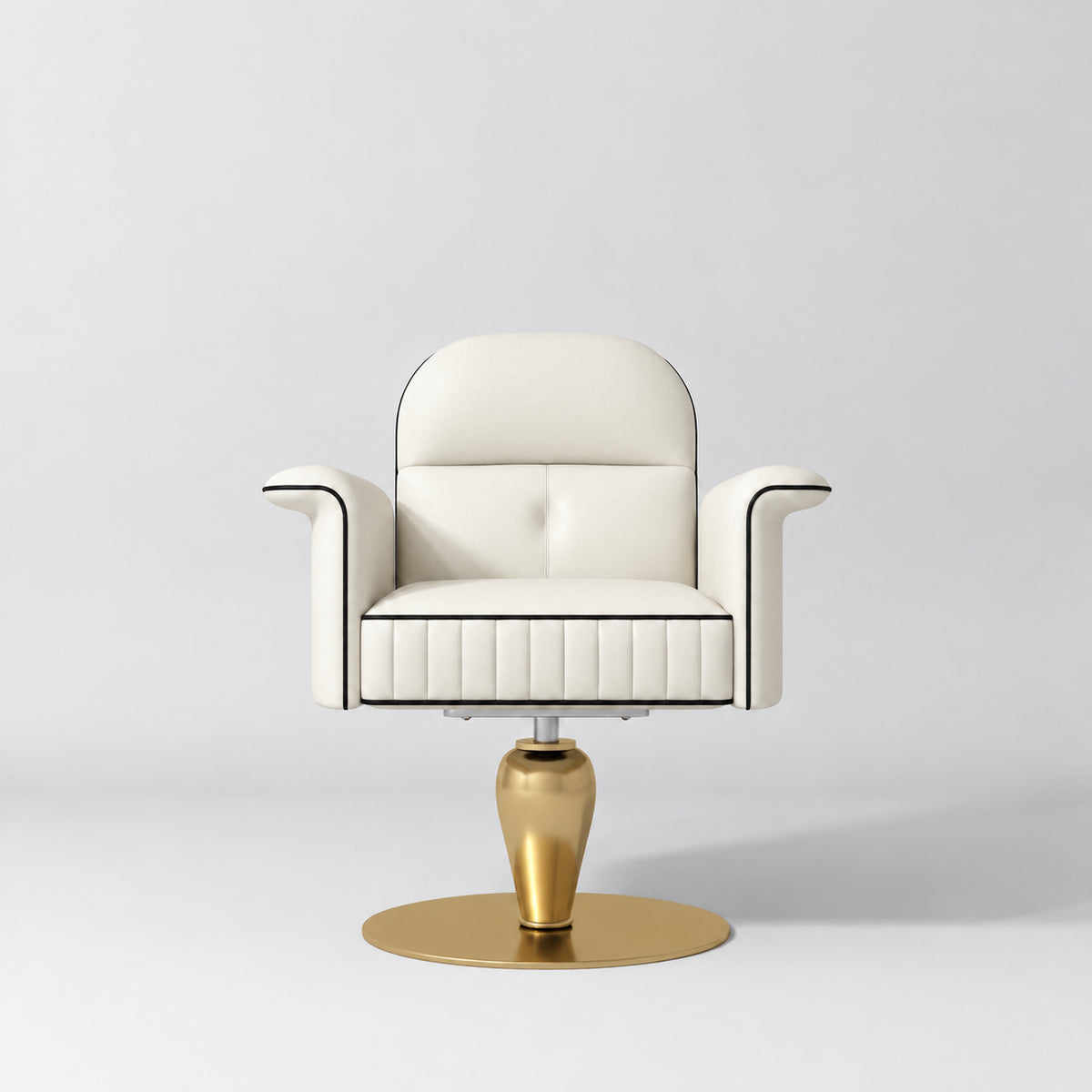 Front view of the Manufakturo Palais styling chair in Creamy with black piping and a gold pedestal base, on a grey studio background.
