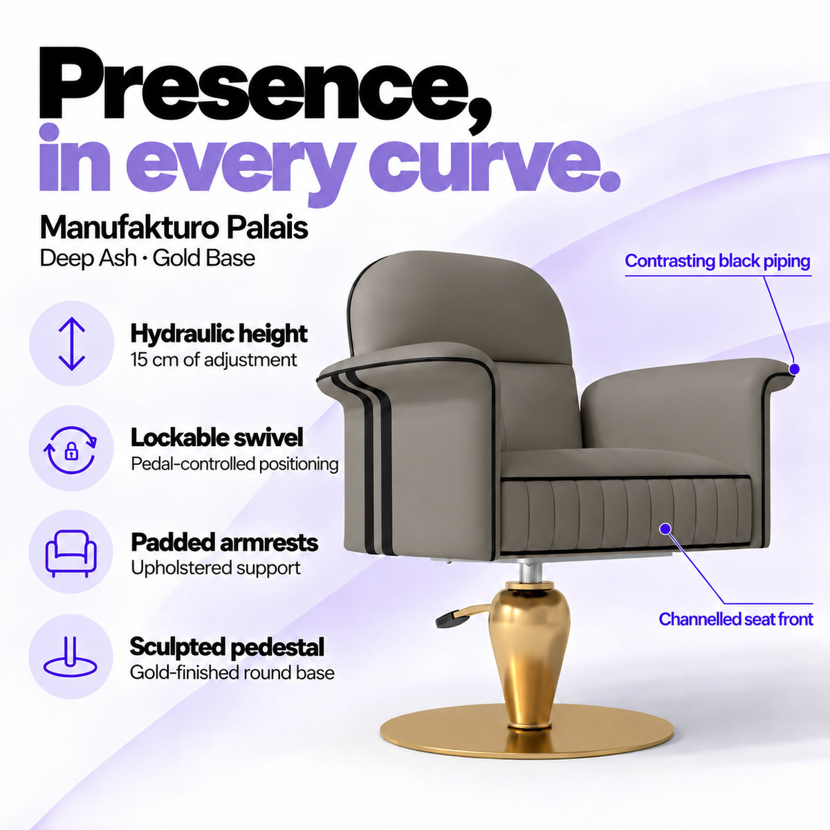 Manufakturo Palais styling chair in Deep Ash with gold base, showing hydraulic height adjustment, lockable swivel, padded armrests and sculpted pedestal.